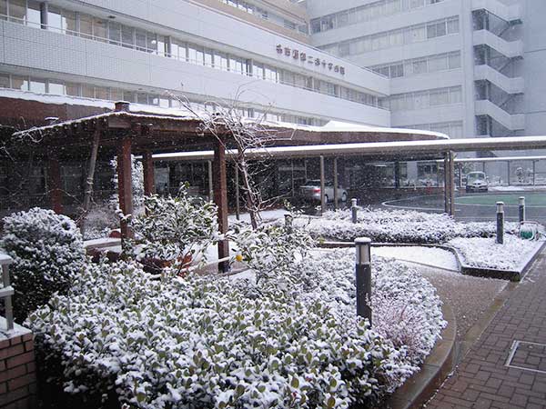 病院の外の雪景色